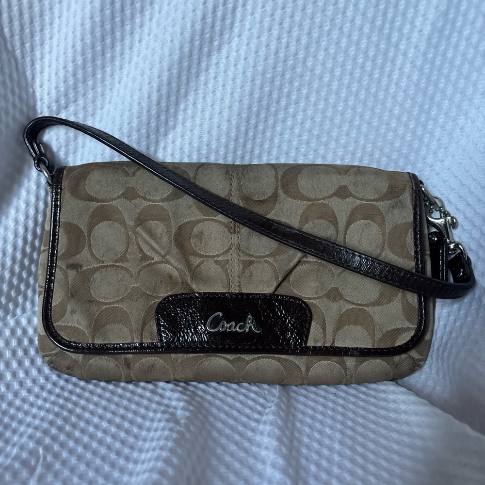 Coach Khaki Signature Canvas Crossbody with Dark Brown Trim